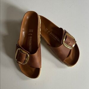 Birkenstock Brown Leather Single-Buckle Madrid Slides with Gold Buckles